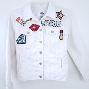 Old Navy White Jean Jacket XS Patches Paris, Makeup, Lips, Diamond, Lov, SO FUN!
